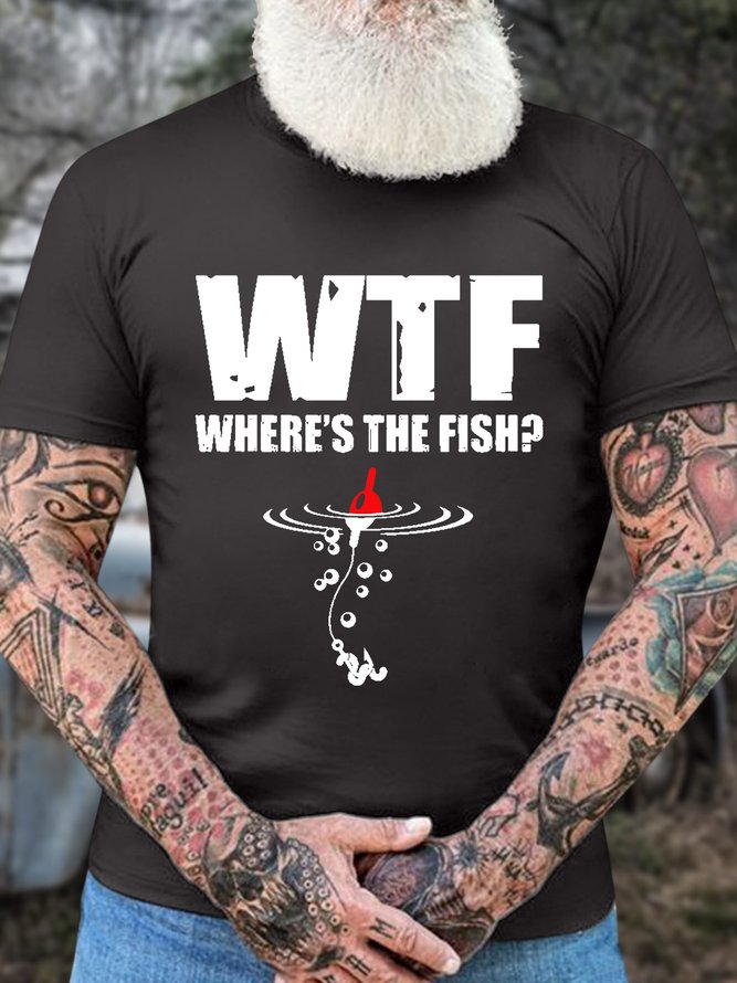Men’s WTF Where’s The Fish Casual Regular Fit Text Letters T-Shirt