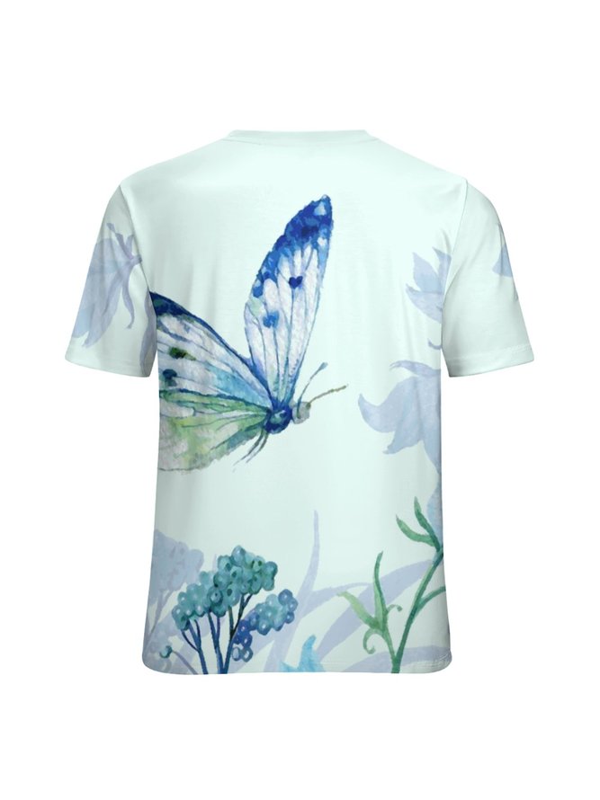 Women's Butterfly Floral Cotton Casual Crew Neck T-Shirt