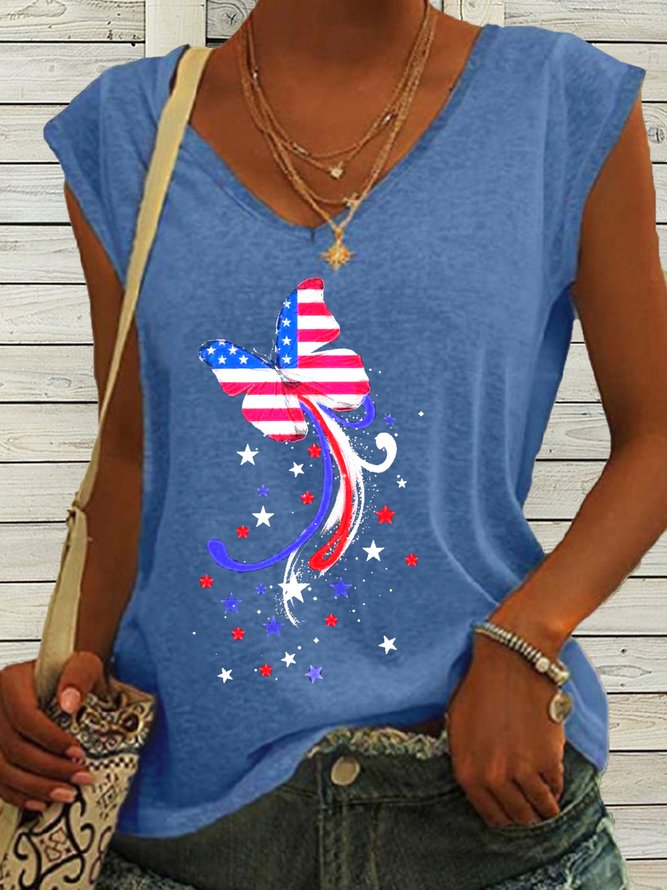Women's Patriotic Butterfly Print V Neck Casual Tank Top