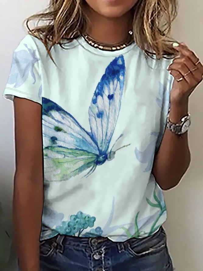 Women's Butterfly Floral Cotton Casual Crew Neck T-Shirt