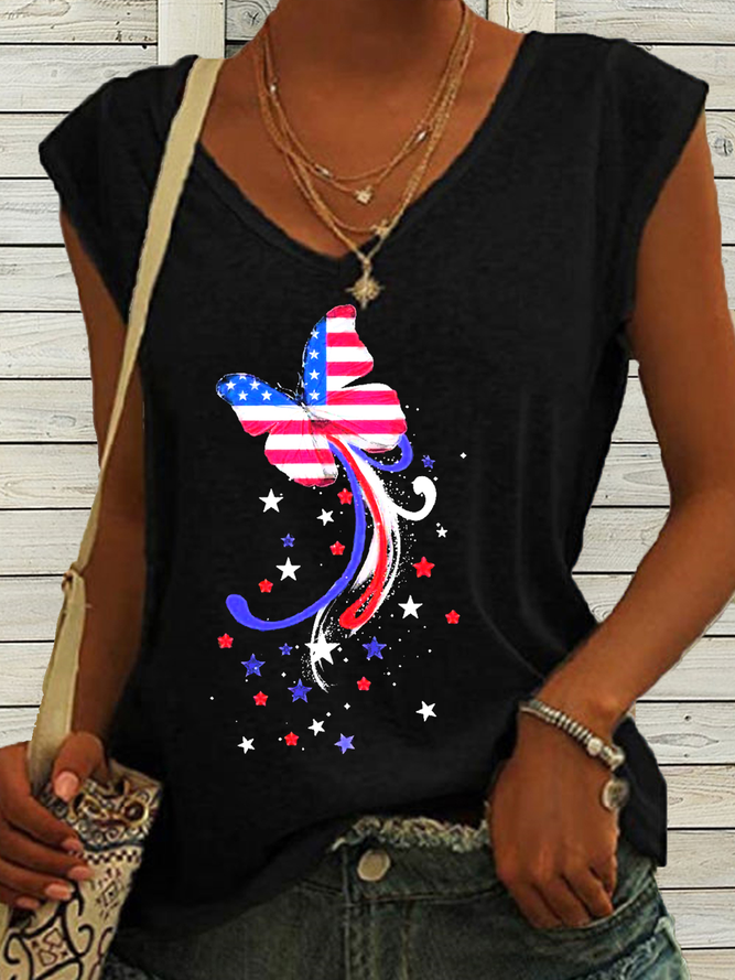 Women's Patriotic Butterfly Print V Neck Casual Tank Top