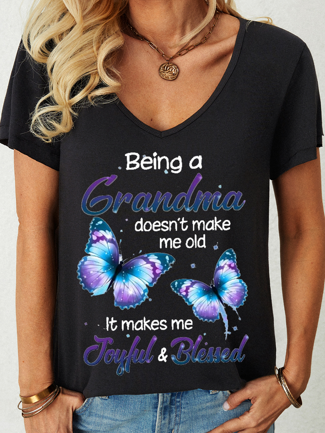 Women's Cute Butterfly Being A Grandma Doesn’t Make Me Old It Makes Me Joyful And Blessed Simple V Neck T-Shirt