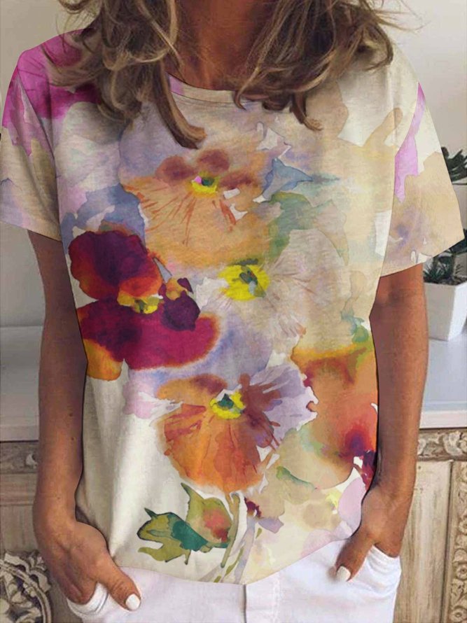 Women's Watercolor Floral Crew Neck Casual Cotton T-Shirt