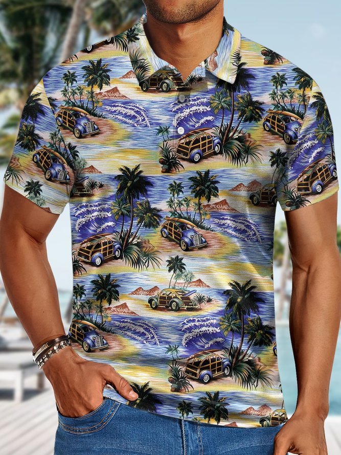 Men's Hawaiian Print Funny Graphic Printing Regular Fit Car Polo Collar Urban Polo Shirt
