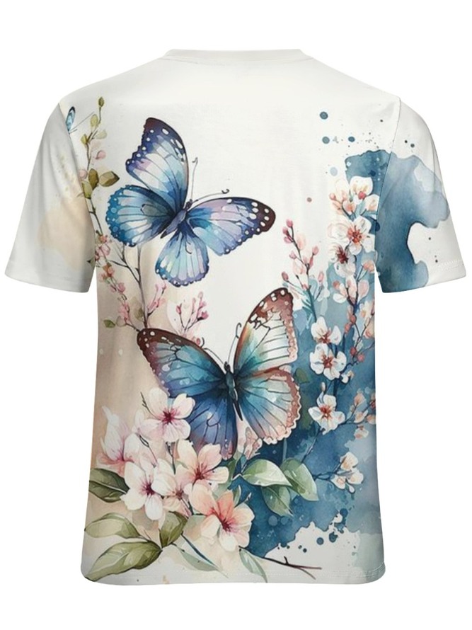 Women's Cute Butterfly Blue Floral Loose Simple Crew Neck T-Shirt