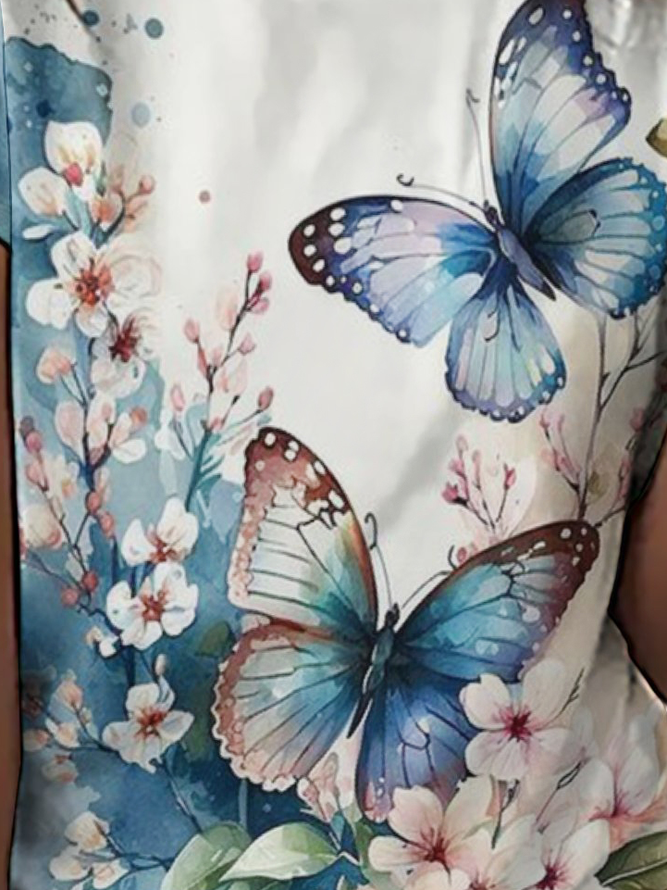 Women's Cute Butterfly Blue Floral Loose Simple Crew Neck T-Shirt
