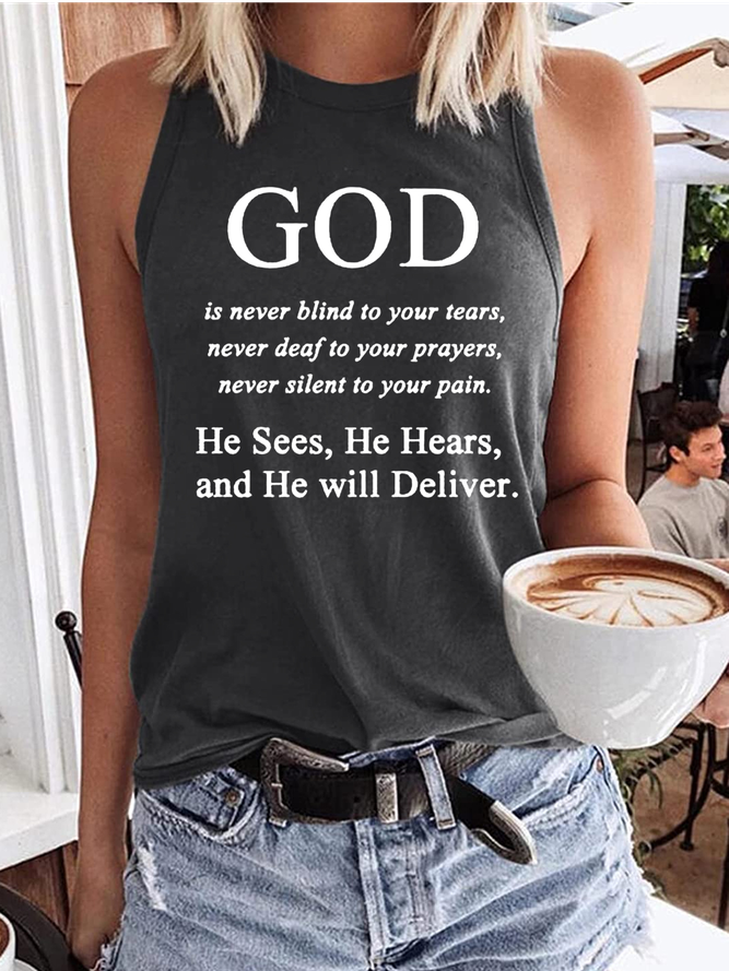 Women‘s Jesus Faith God Religious God is never blind to your tears Letter Print Casual Tank Top