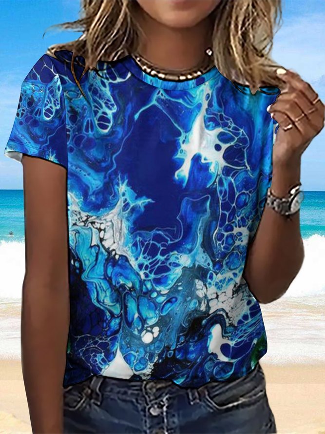 Women's Ocean Art Print Crew Neck Casual T-Shirt