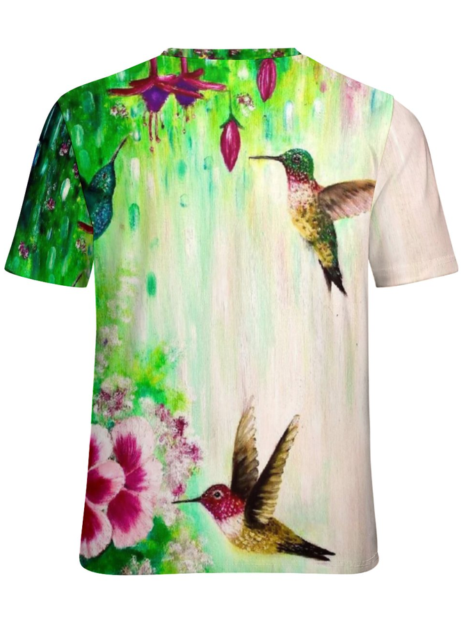 Women's Simple Floral Color Block Bird Loose T-Shirt