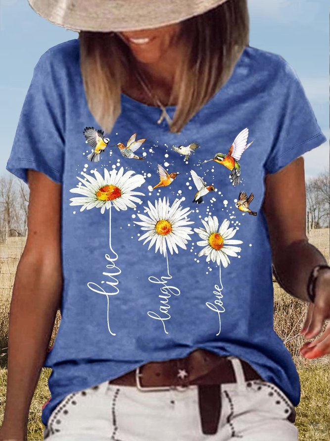 Women's Casual Daisy Live Laugh Love Bird Print Letters Crew Neck T-Shirt