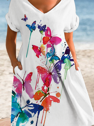Women's Raglan Sleeves Butterfly Loose Casual Cotton-Blend Dress