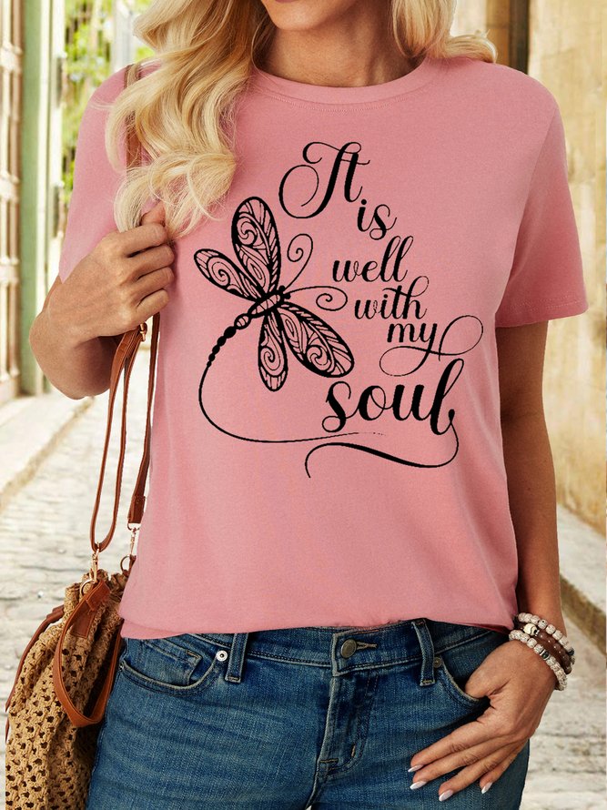 Women's It Is Well Dragonfly Letters Cotton Casual T-Shirt