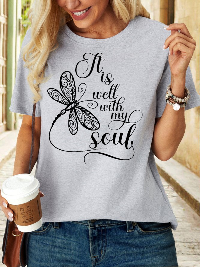 Women's It Is Well Dragonfly Letters Cotton Casual T-Shirt