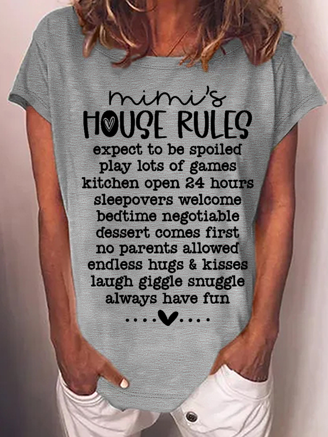 Women's Grandma Funny Word Mimi's House Rules Crew Neck Casual T-Shirt