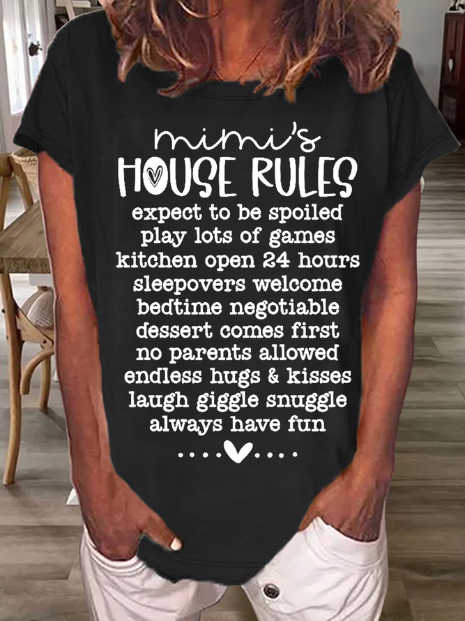 Women's Grandma Funny Word Mimi's House Rules Crew Neck Casual T-Shirt