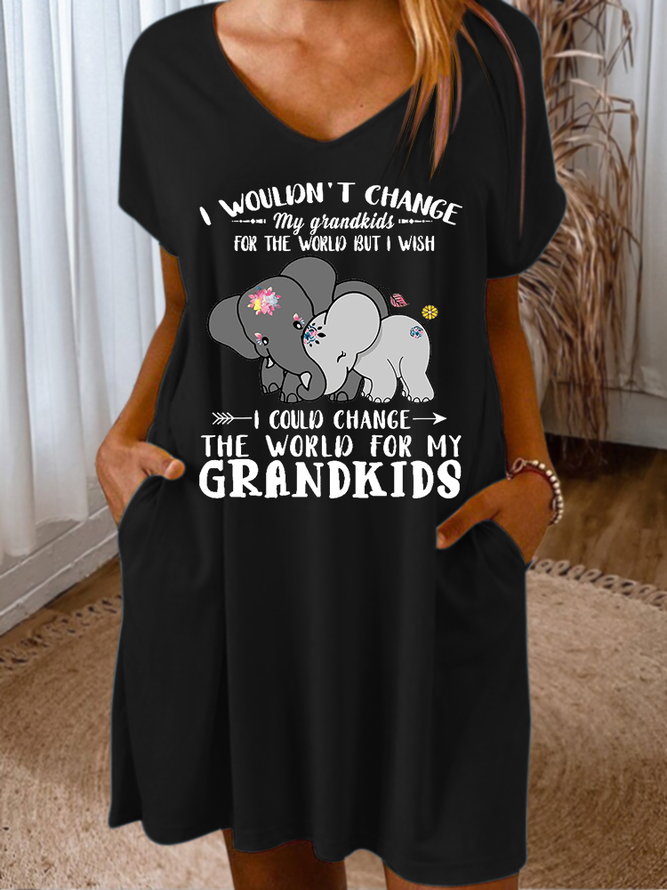Women's Funny I Wouldn't Change My Grandkids For The World But I Wish I Could Change The World For My Grandkids Elephants Casual V Neck Dress