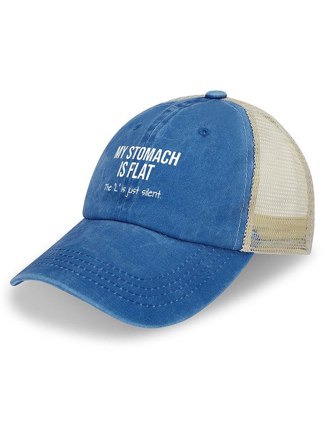 Men's My Stomach Is Flat The L Is Just Silent Funny Graphic Printing Text Letters Washed Mesh Back Baseball Cap
