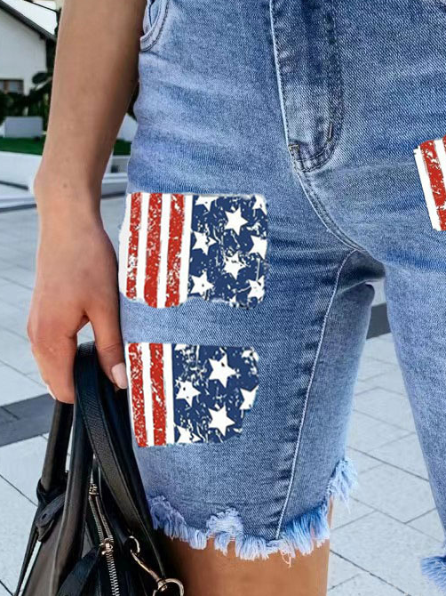 Women's America Flag Hole Patch Fifth Pants Denim Shorts