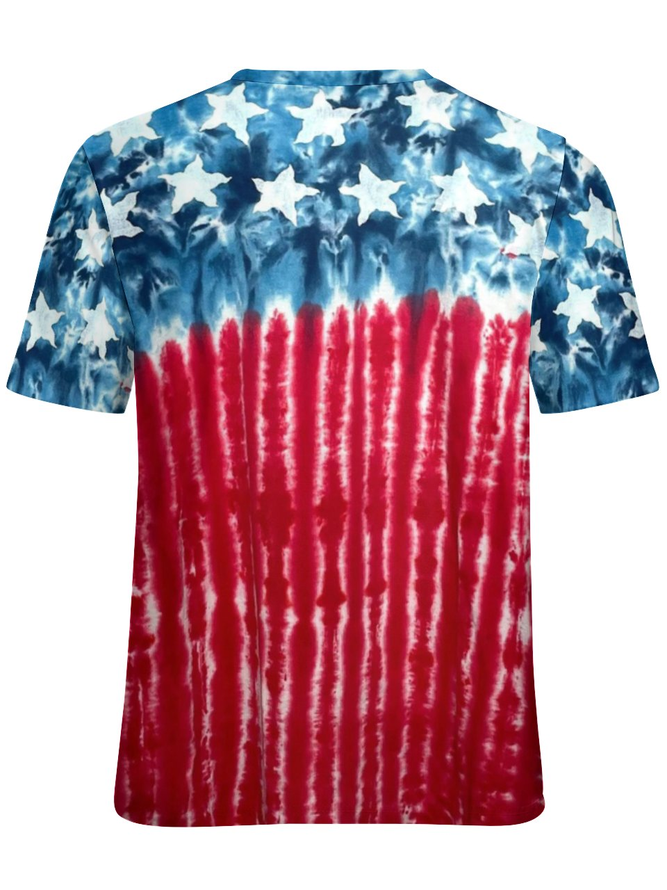 Women's Crew Neck Simple Tie-Dye Pattern America Flag Loose T-Shirt