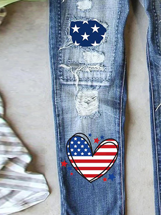 Women's America Flag Tassel Hole Denim Jeans