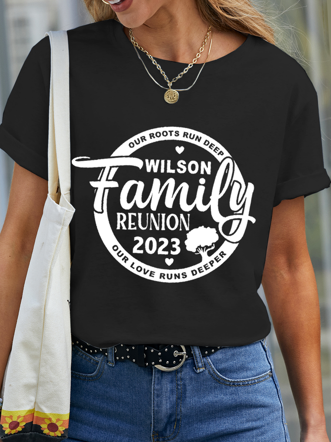 Women's Family Reunion 2023 Simple Text Letters Loose Crew Neck T-Shirt
