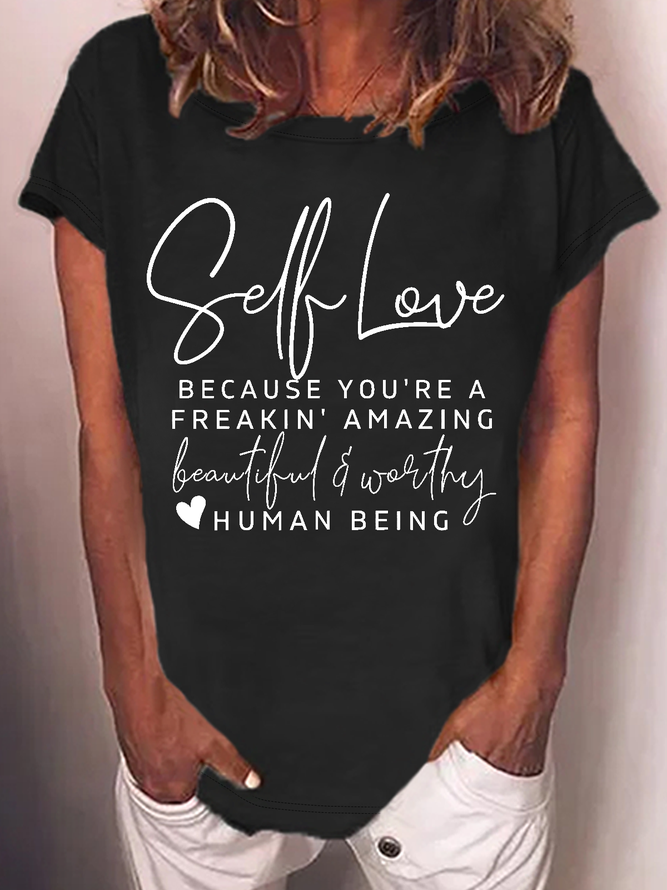Women's Positive Self Love Casual Loose Crew Neck Cotton-Blend T-Shirt