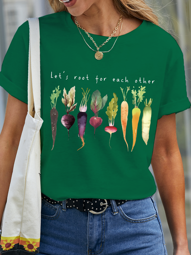 Women's Let's Root For Each Other And Watch Each Other Grow Gardening Vegetable Green Simple Crew Neck Text Letters T-Shirt