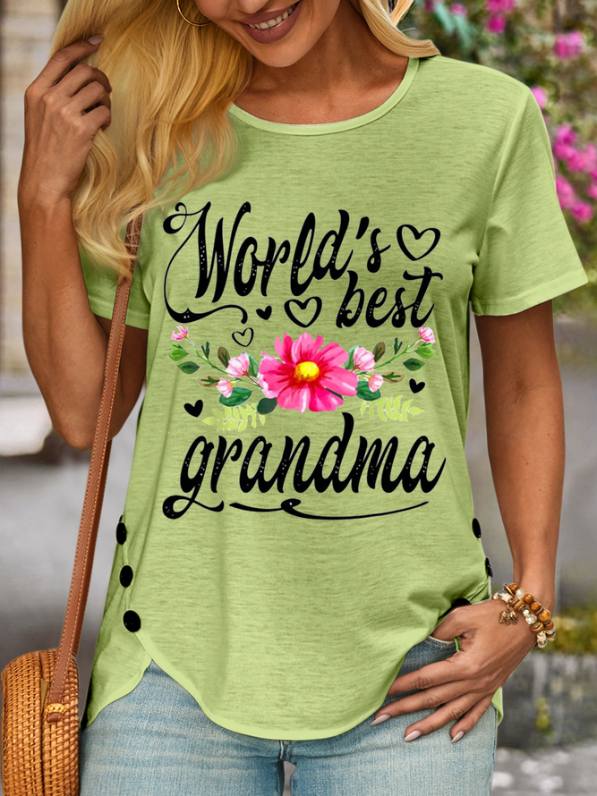 Women's World’s Best Grandma Tee Mother’s Day For Grandma Crew Neck Casual Loose Text Letters T-Shirt
