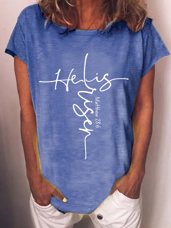 Women’s He Is Risen Shirt Christian Text Letters Casual Crew Neck Cotton-Blend T-Shirt