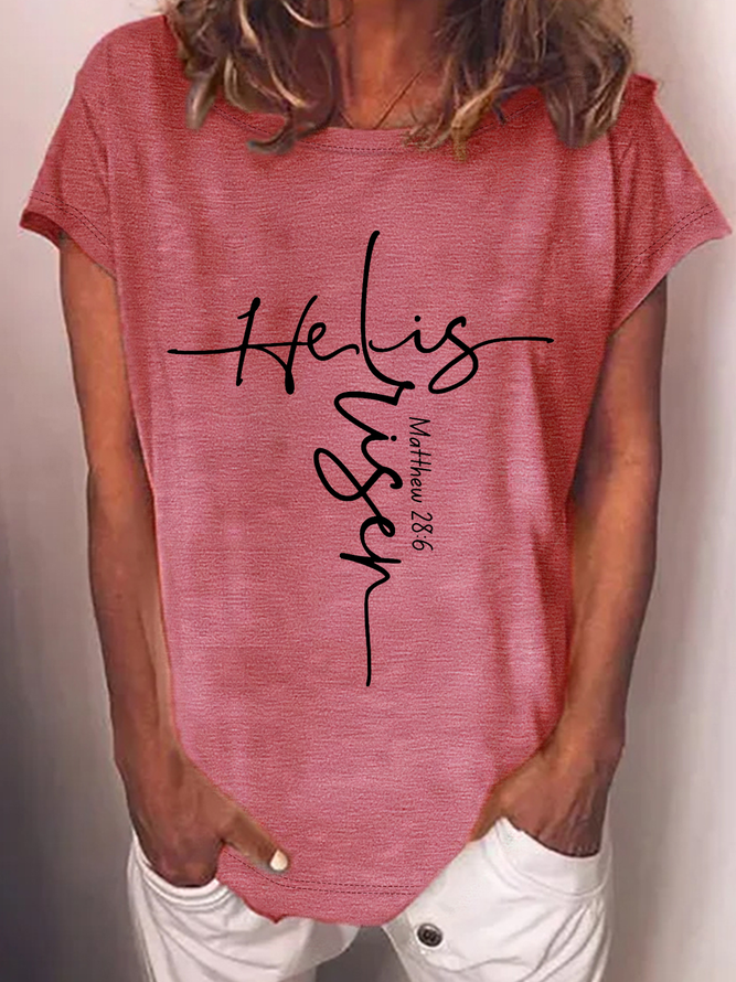 Women’s He Is Risen Shirt Christian Text Letters Casual Crew Neck Cotton-Blend T-Shirt
