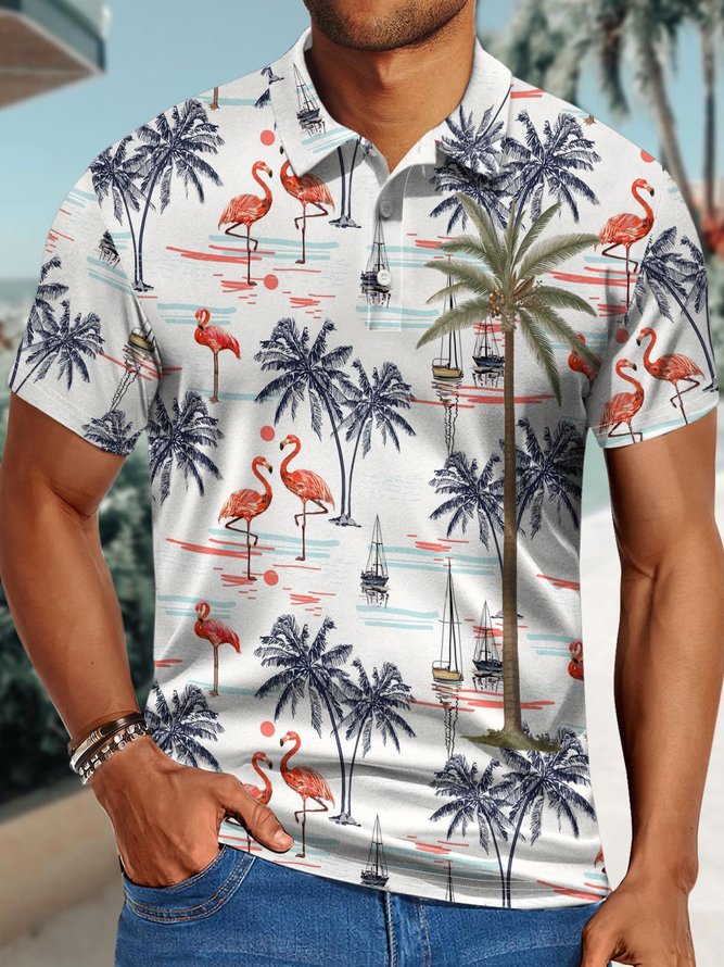 Men's Coconut Tree Flamingo Print Vacation Polo Collar Polo Shirt