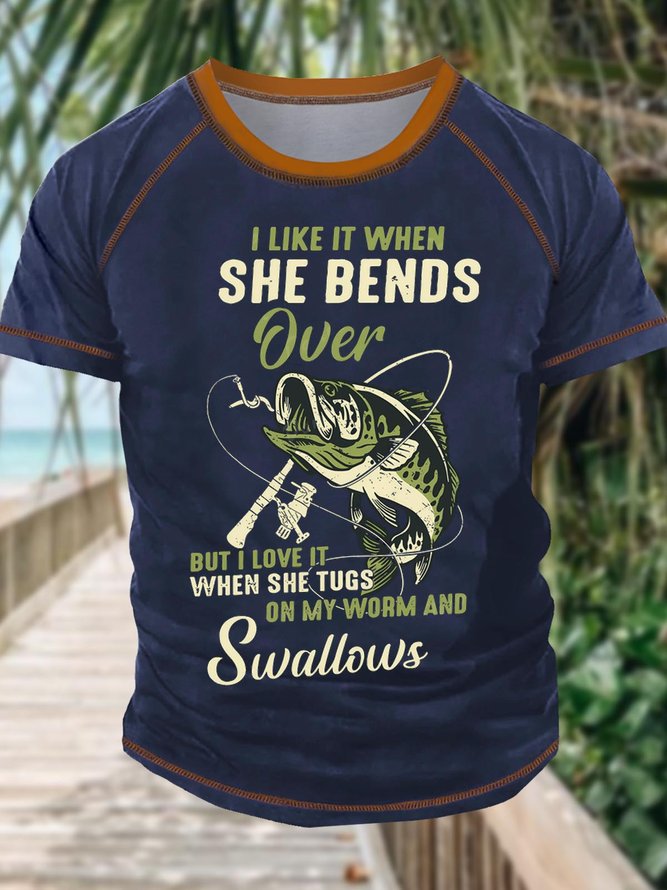 Men's I Like It When She Bends Over But I Love It When She Tugs On My Worm And Swallows Funny Fishing Graphic Printing Text Letters Regular Fit Casual Crew Neck T-Shirt