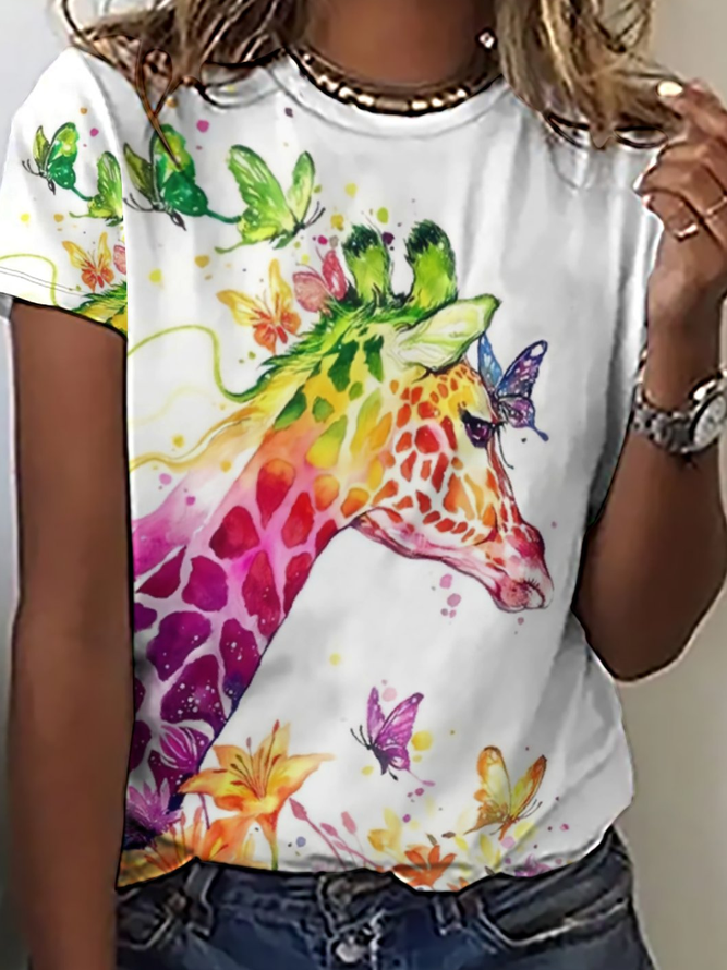 Women‘s Butterfly Giraffe Art Print Crew Neck Casual T-Shirt