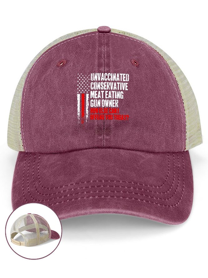 Mens Unvaccinated Conservative Meat Eating Gun funny Washed Mesh-back Baseball Cap