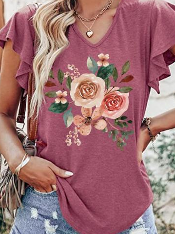 Women's Casual V Neck Floral Mother's day T-Shirt