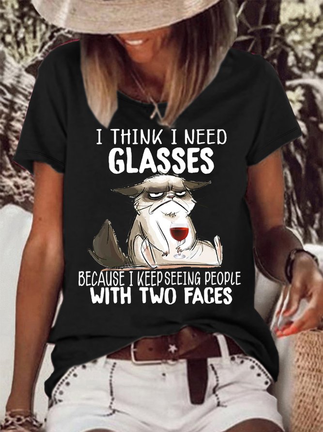 Women's Grumpy Cat I think I need glasses because I keep seeing a lot of people with two faces Letters T-Shirt