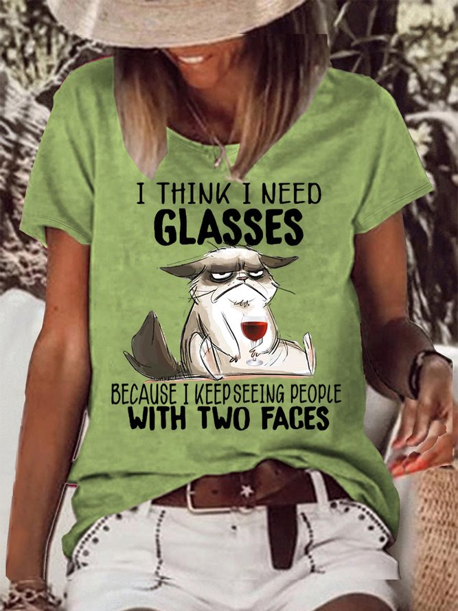 Women's Grumpy Cat I think I need glasses because I keep seeing a lot of people with two faces Letters T-Shirt