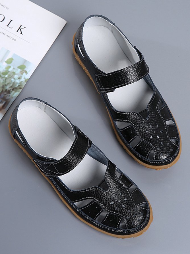Women's Cowhide Leather Hollow Breathable Velcro Von-slip Comfortable Soft Sandals Flat Shoes