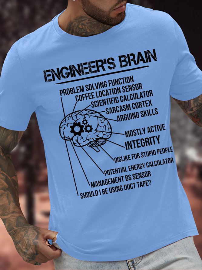 Men's Engineer's Brain Problem-Solving Function Coffee Location Sensor Funny Graphic Printing Text Letters Casual Cotton T-Shirt