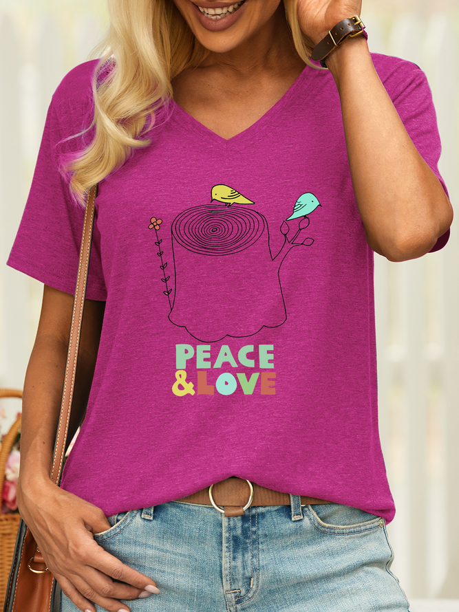Women’s Peace & Love Plant Bird Casual Text Letters T-Shirt