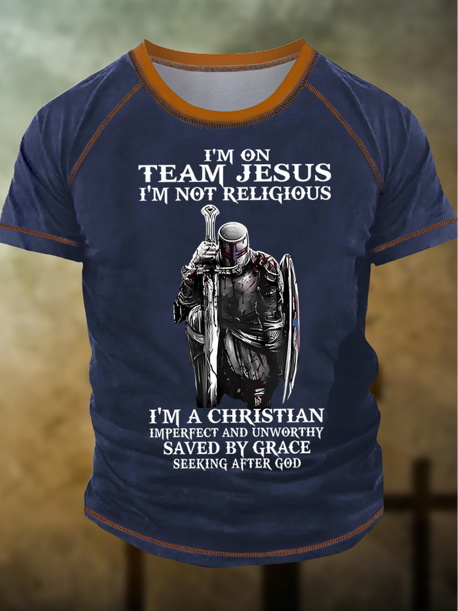 Men's I'm On Team Jesus I'm Not Religious I'm A Christian Imperfect And Unworthy Saved By Grace Seeking After God Funny Graphic Printing Casual Text Letters Regular Fit Crew Neck T-Shirt
