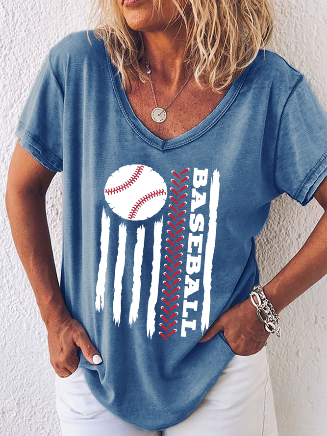 Women's Funny Baseball American Flag Simple V Neck T-Shirt