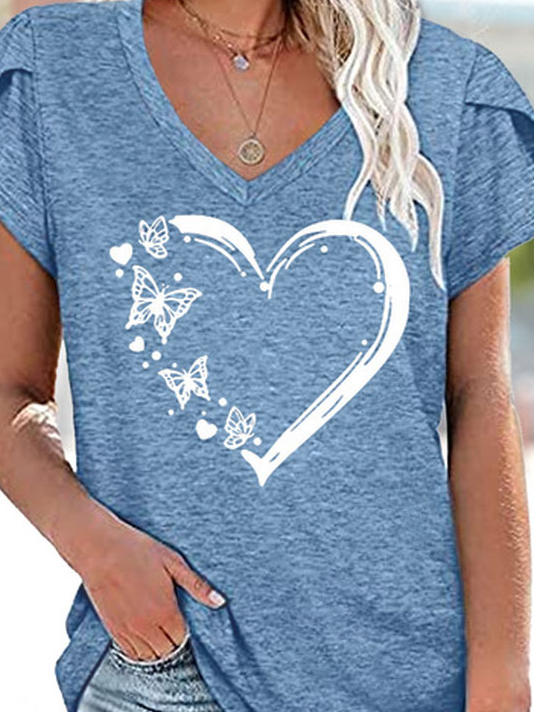 Women's Casual Butterfly Heart Print V Neck T-Shirt