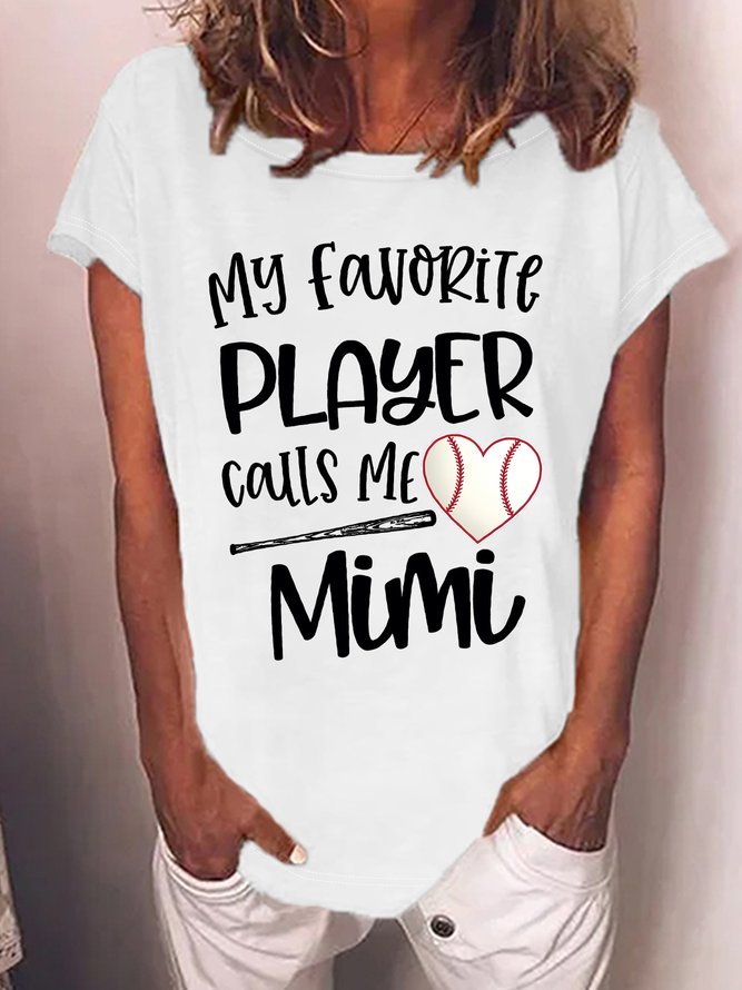 Women's My Favorite Player Calls Me Mimi Funny Baseball For Hearts Graphic Printing Casual Cotton-Blend Crew Neck Text Letters T-Shirt