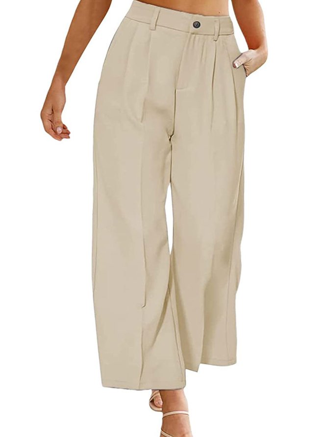 Women’s Stretchy Palazzo Dress Pants Solid Color High Waisted Wide Leg Buttons Loose Comfy Trousers