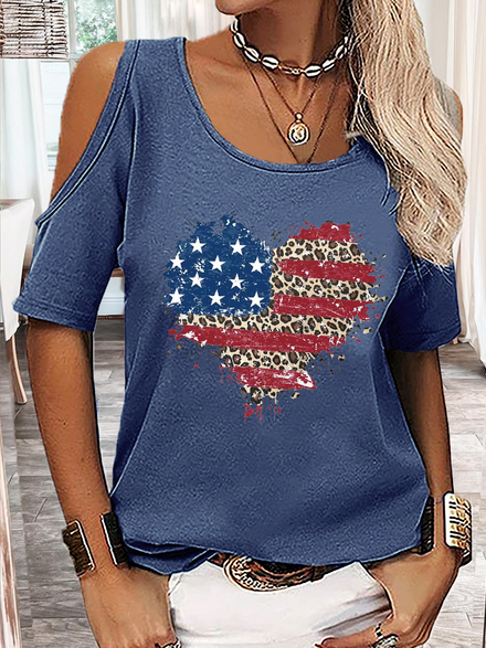 Women's America Flag Solid Drop Shoulder Crew Neck Casual T-Shirt