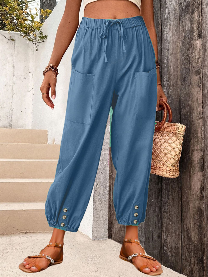 Women's High Waist Pants Drawstring Capri Pants with Pockets Wide Leg Cropped Pants