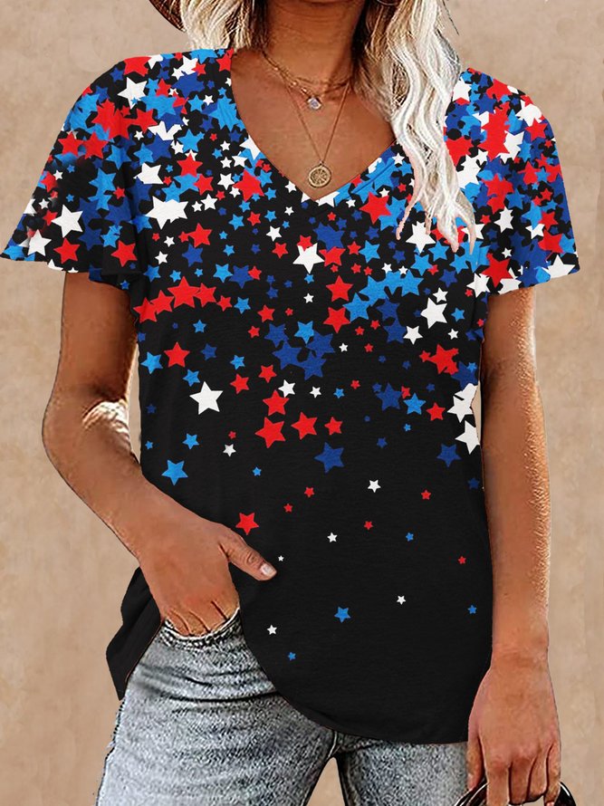 Women's Red White Blue Star Print V Neck Text Letters Casual T-Shirt