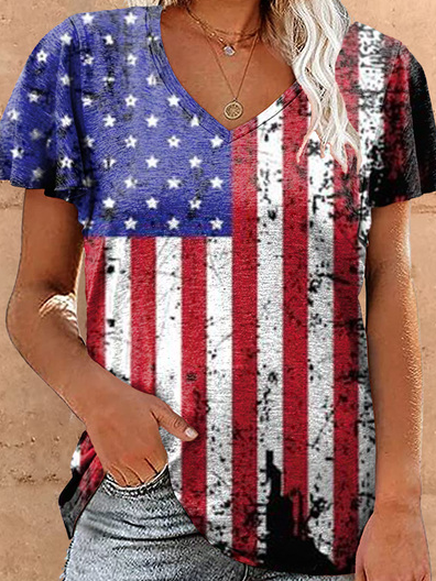 Women's V Neck America Flag Print Casual T-Shirt