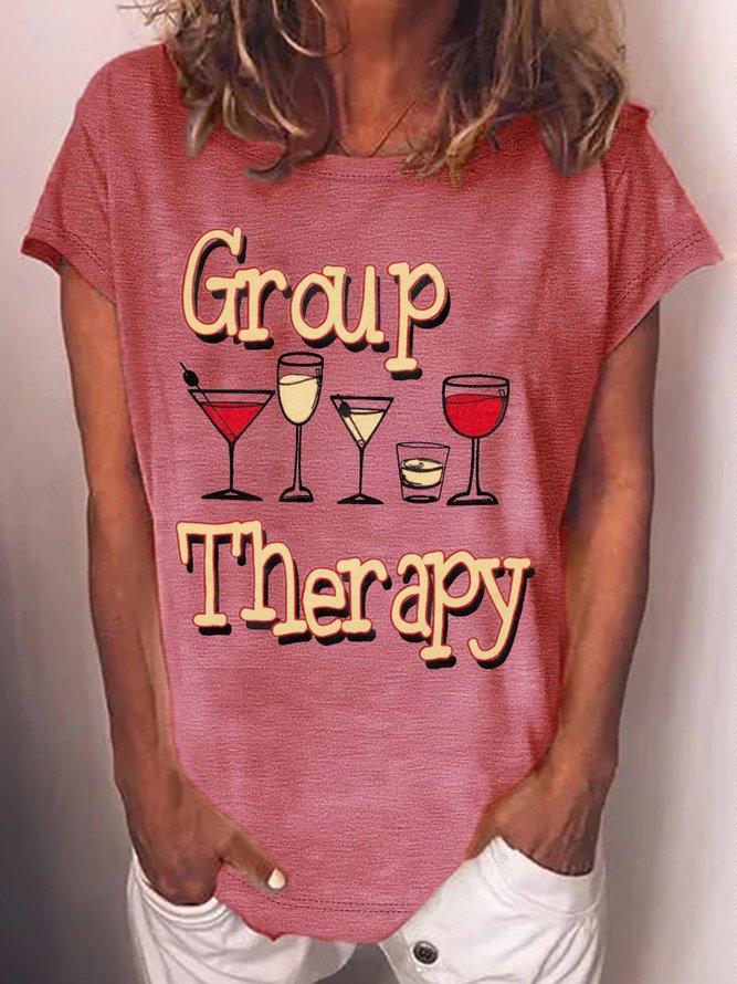Women's Group Therapy Alcohol Funny Wine Crew Neck Casual T-Shirt